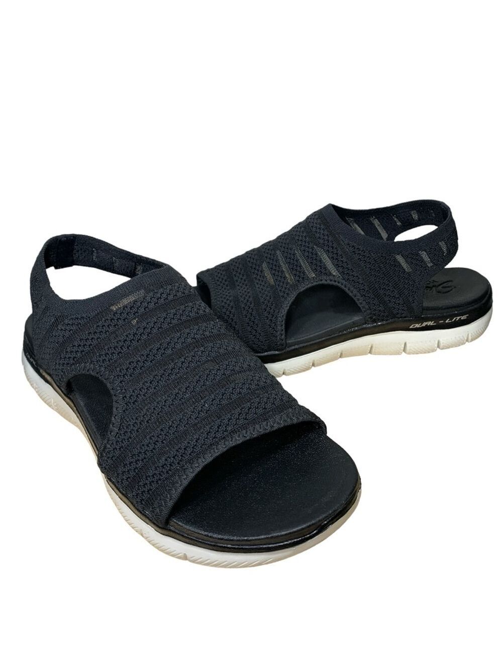 Skechers Flex Boldest Black Knit Sandals Sz 10 Stretch Slingback Comfort Foam